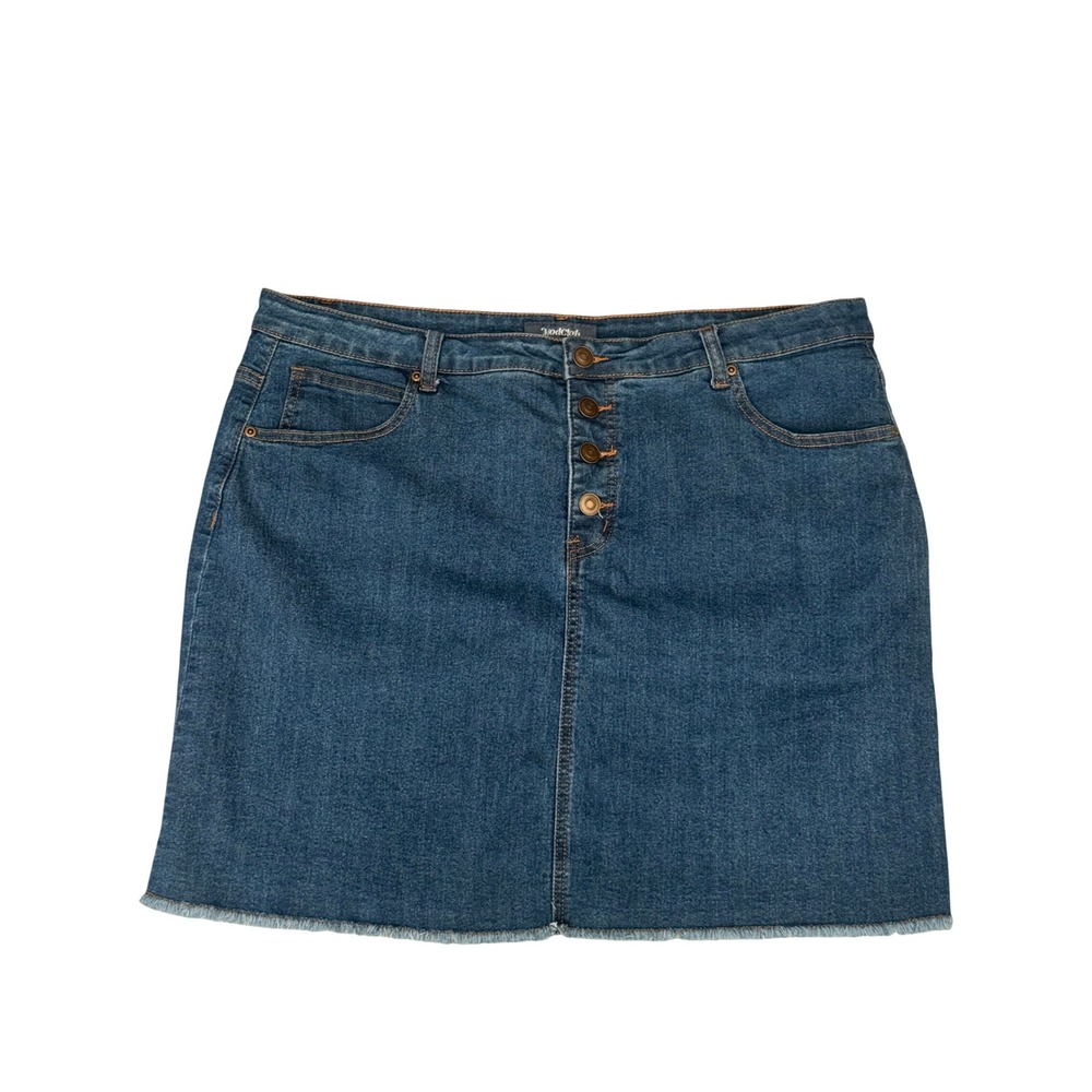 MODCLOTH | Denim Mini Skirt Women 22 Blue Button Fly Raw Hem Casual Classic